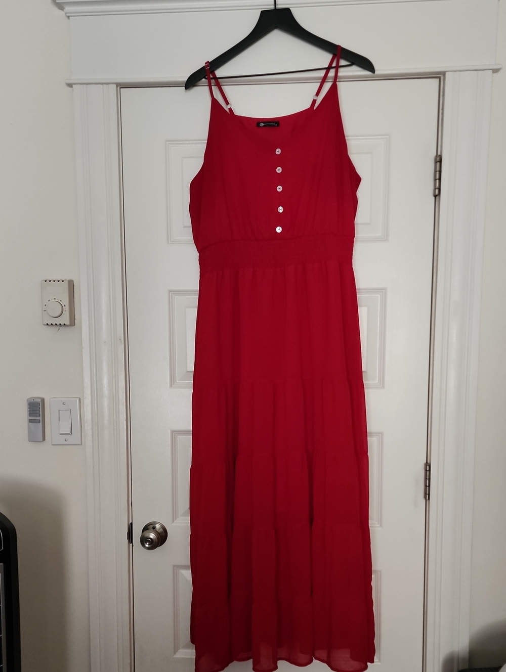 Sleeveless Red Maxi Dress with Button-Front Bodice
